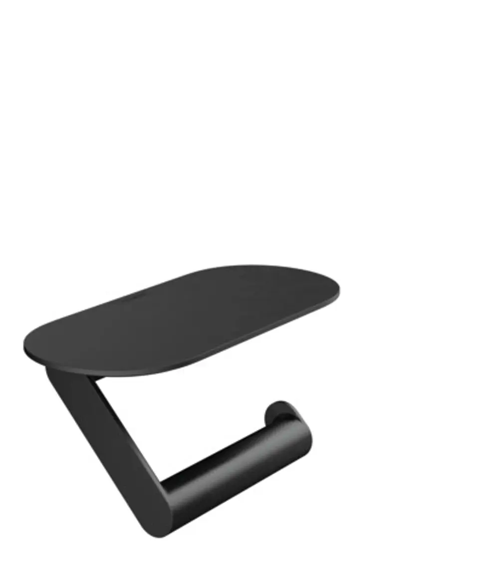 Toilettenpapierhalter in Mattschwarz mit einer Ablagefläche, montiert an einer Wand. Das Design ist schlicht und modern, hergestellt von Hansgrohe.